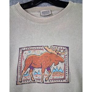 VTG Harborside Graphics Sweatshirt M Green Sage Moose Crew Pullover Gorp PNW USA